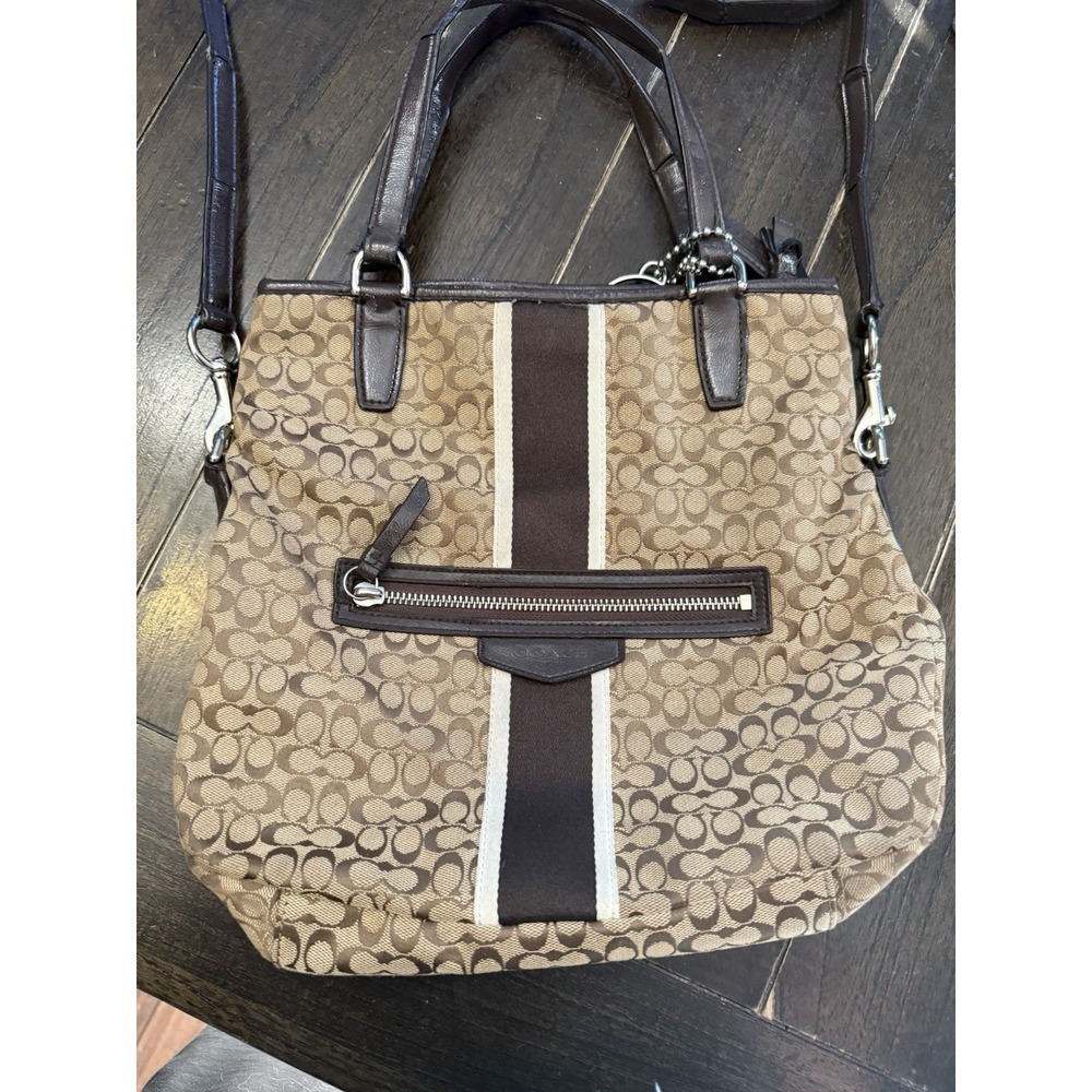 Coach F27024 Signature Stripe Convertible Tote Crossbody Brown Khaki Canvas Bag
